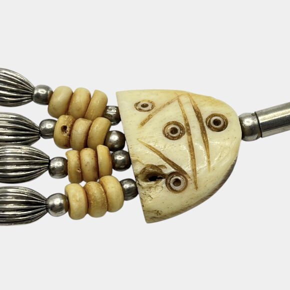 Vintage Carved Bracelet Flower Tile Beaded Handmade India Artisan Boho Hippie - Picture 7 of 11